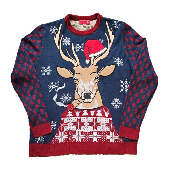 YOU LOOK UGLY TODAY Men's Ugly Christmas Sweater - Reindeer Smoking a Cigar - Picture 1 of 3